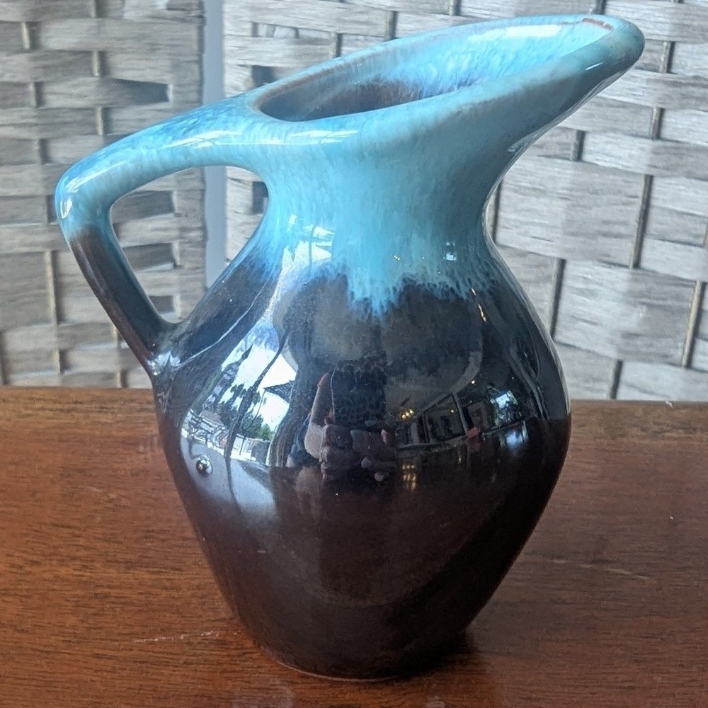 Vintage Mini Pitcher Blue Turquoise Glossy Drip Glaze‎ Ceramic Japan MCM Pottery